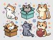 © sofya_bsa_paws - Cute funny cats doodle element vector set. Adorable pet illustration isolated on gray background. Kittens are sitting in boxes and playing with a ball
