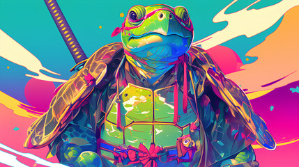 Sticker - Cute turtle wearing Japanese samurai armor, cool poses, cute kawaii, simple, smiling happy. neon psychedelic background