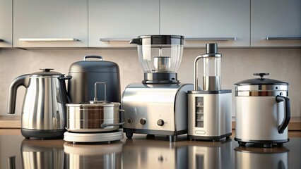 rendering of various small kitchen appliances including toaster, blender, and coffee maker, kitchen, appliances, small