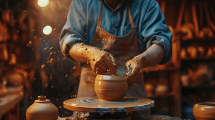 In a workshop, a potter molds a clay pot on a spinning wheel with hands covered in clay