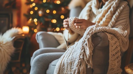 A woman knits in a cozy living room with a Christmas tree in the background.