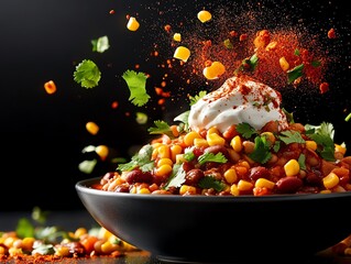 Turkey chili with beans and corn, served in a deep bowl with a dollop of sour cream and chopped cilantro