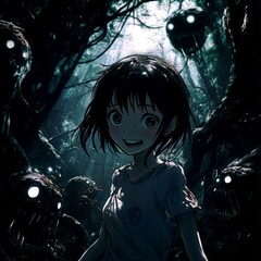 Canvas Print - A young girl with a cheerful expression stands in a dark forest surrounded by menacing creatures.