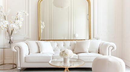 A large antique mirror adorns a grand living room, reflecting the warmth and elegance of the space.