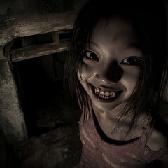 Canvas Print - A young girl with a sinister smile stares into the camera from a dark, abandoned building.