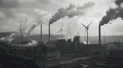 Poster - Coal mines stand closed as wind turbines spin amidst old factories, highlighting the shift to renewable energy sources in the region. Generative AI