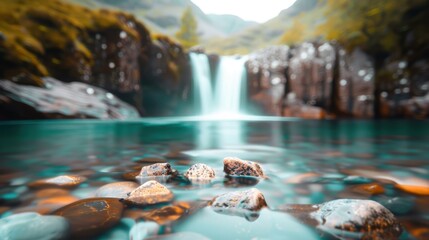 A long exposure photo capturing the silky smooth flow of a waterfall, with the surrounding landscape blurred.