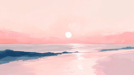 Wall Mural - a digital painting of a pink sunset over a calm ocean with a sandy beach in the foreground.