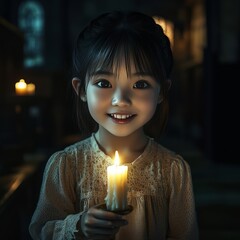 Canvas Print - A young girl with a warm smile holds a lit candle in a dimly lit room, creating a sense of hope and wonder.