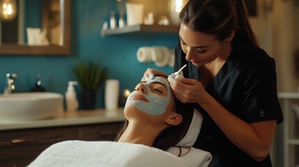 Aesthetician applying a nourishing facial mask to a relaxed client in a serene spa environment during a skincare treatment session