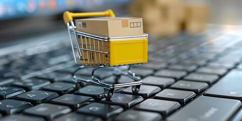 Digital Online Shopping Concept: Miniature Yellow Shopping Cart, and Cardboard Boxes on Laptop Keyboard with Web Store Interfaces Use for E-commerce, Ads, Social Media, Blogs, Apps, Newsletters