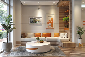 A modern CEO office corner with a white and wood design, featuring a comfortable lounge area and a stylish poster on wall 