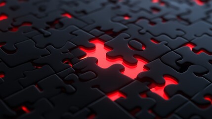 Poster - a close-up view of dark jigsaw puzzle pieces with glowing red highlights in the gaps, creating a str