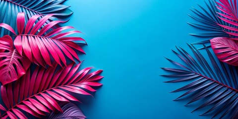 Sticker - Vibrant minimalist artwork of tropical foliage in pink and blue colors, tropical, foliage, art, vibrant, pink, blue, minimalist