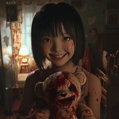 Poster - A young girl with blood on her face and clothes, holding a bloody teddy bear, in a dimly lit room.