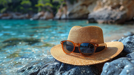 Wall Mural - A beautiful hat with glasses lies on the seashore close-up