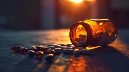 A close-up of an amber pill bottle lying on its side with tablets spilling out, illuminated by warm light on a dark surface, symbolizing health, medication, and the fine line between care and risk.