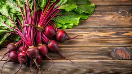 Wall Mural - Fresh bunches of red beetroots with green leaves on wooden surface, red, beets, beetroot, fresh, bunches, market, organic