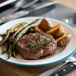 © Stock images - a steak with herbs, roasted potatoes, and green beans served in a white plate with forks and knives