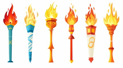 Set of different torch with fire on white background