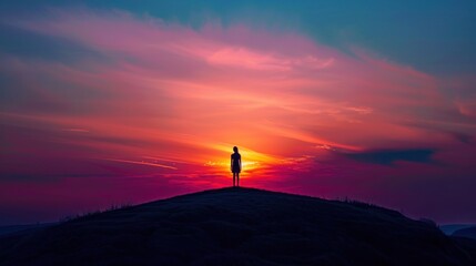 Silhouette of a person standing on a hill against a vibrant sunset, with dramatic colors and a serene atmosphere, emphasizing solitude and reflection.