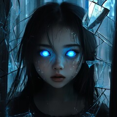 Canvas Print - A young girl with glowing blue eyes looks out from behind a shattered window.