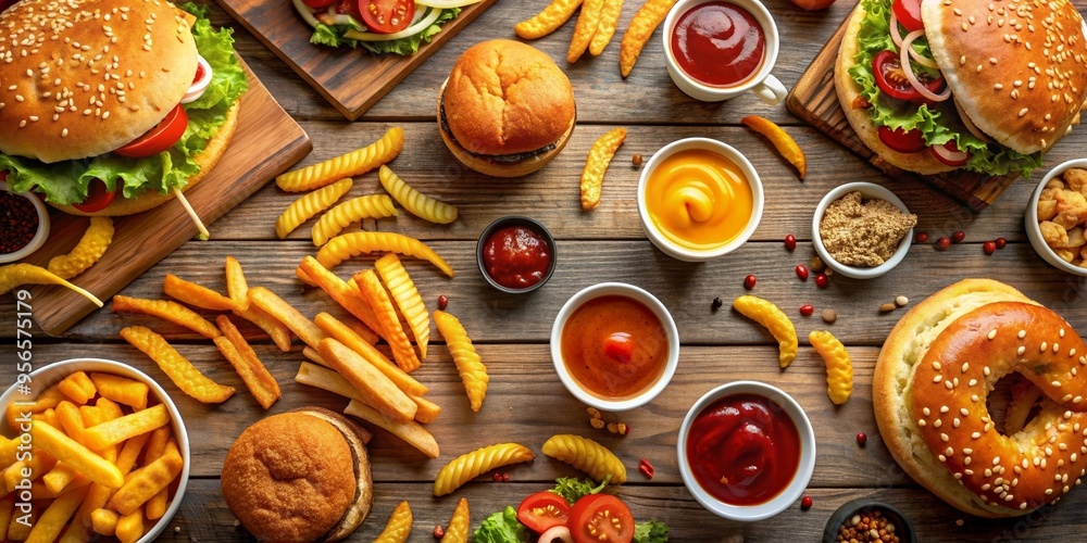 Fast food chaos with a variety of fries, burgers, hash browns, drinks ...