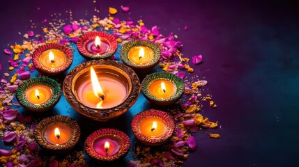 Diwali, Hindu festival of lights celebration. Rangoli and diya oil lamp glowing 