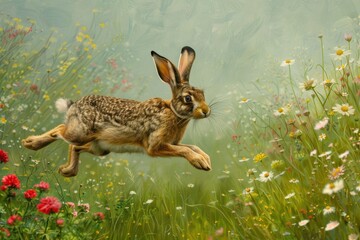 An elegant European hare running through a green meadow, flowers in full bloom around it.