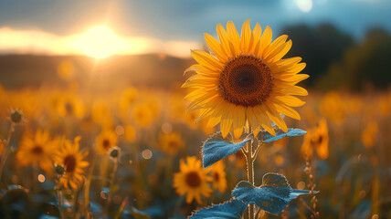 Blooming sunflowers in a field close-up