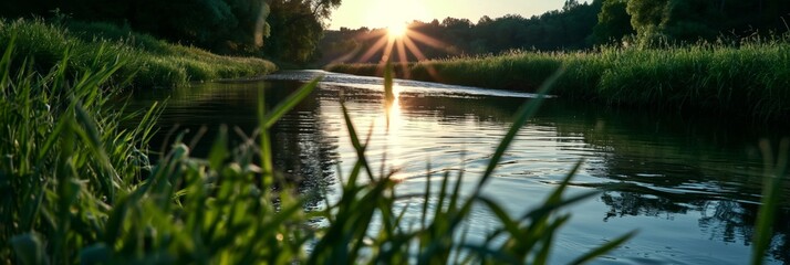 A beautiful sunset casting golden light over a tranquil river, with the landscape reflecting in the gentle water and the horizon revealing a serene end to the day.