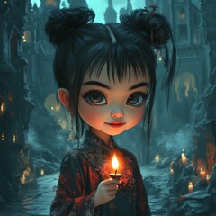 Wall Mural - A young girl with large eyes and black hair in a red dress holds a lit candle in front of a mystical city in the distance.