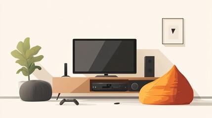 A stylish vector illustration of a modern living room setup featuring a functional TV stand with a cozy bean bag chair. The TV is paired with a soundbar and subwoofer for immersive audio. A decorative