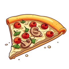 Wall Mural - cartoon pizza slice with mushrooms and cherries on a white background