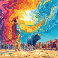 Wall Mural - painting of a man standing in front of a bull in a desert