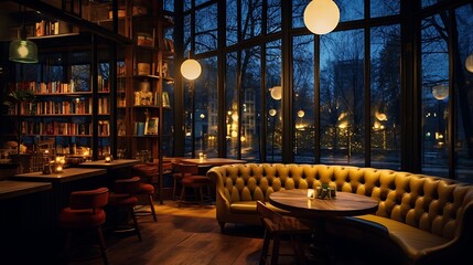 Wall Mural - dimly lit restaurant with a large window and a view of the city