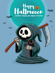 Canvas Print - Vintage Halloween poster design with vector reaper character. 