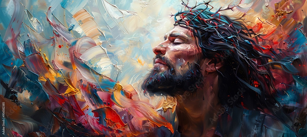 Jesus in an abstract painting of unity where every stroke represents a ...