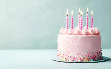 Wall Mural - A pink birthday cake with candles on a light blue background, with copy space for text. 