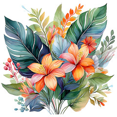 Watercolor of Tropical spring floral green leaves and flowers s isolated on transparent png background, with Generative Ai.