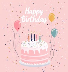 Canvas Print - A vector illustration of a pink birthday cake with candles, surrounded by balloons and confetti on an isolated pastel background. 