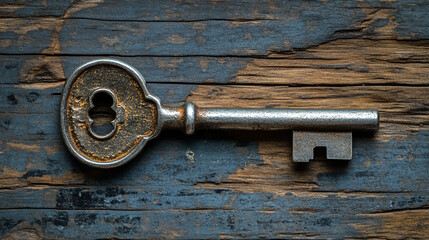 Beautiful old key closeup on a wooden background