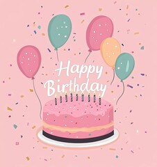 Canvas Print - A vector illustration of a pink birthday cake with candles, surrounded by balloons and confetti on an isolated pastel background. 