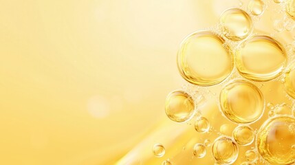 Poster - Bubbles rising in golden liquid create a vibrant and lively texture against a soft yellow background