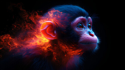 Wall Mural - monkey, the head of a monkey in a multi-colored flame. Abstract multicolored profile portrait of a monkey head on a black background