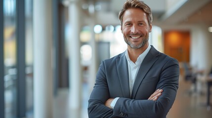 Confident businessman in modern office, smiling with arms crossed, radiating success and leadership. Portrait captures ambition and determination in corporate setting