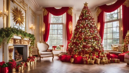 Wall Mural - Festive Red and Gold Christmas Extravaganza
Enter a grand and festive Christmas setting where bold red and shimmering gold decorations create a sense of luxury and celebration.