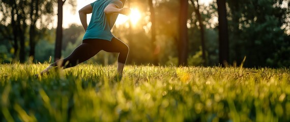 A person is doing stretching exercises in a sunny green park, emphasizing health, fitness, and connection with nature. The backdrop showcases ample sunlight and greenery.