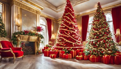 Wall Mural - Festive Red and Gold Christmas Extravaganza
Enter a grand and festive Christmas setting where bold red and shimmering gold decorations create a sense of luxury and celebration.