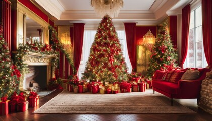 Wall Mural - Festive Red and Gold Christmas Extravaganza
Enter a grand and festive Christmas setting where bold red and shimmering gold decorations create a sense of luxury and celebration.